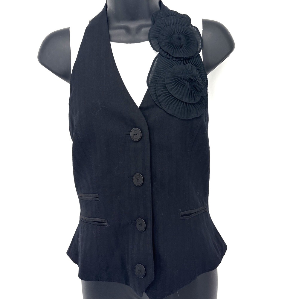 Bebe Tailored Halter Vest Womens Medium Black Satin Tuxedo Sheer Applique Goth